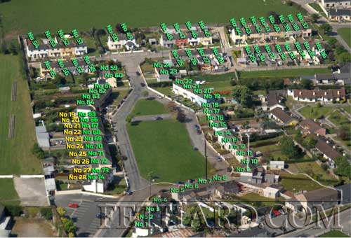 Houses No 1 to No 74 in St. Patrick’s Place, Fethard. The houses numbered in green are the correct numbering as used today. The original houses No 19 to No 28 shown in yellow, were changed when the houses were renumbered in 1970.