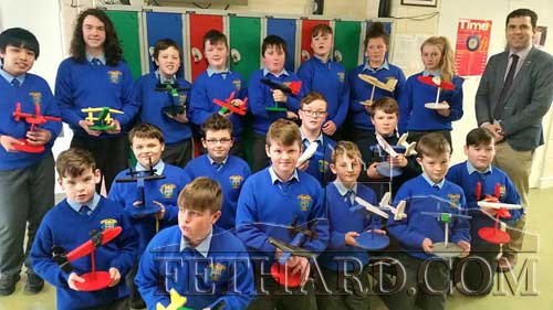 Patrician Presentation, Fethard 1st Year Woodwork Pupils photographed with principal, Mr Pat Coffey, on completion of a woodwork project.
