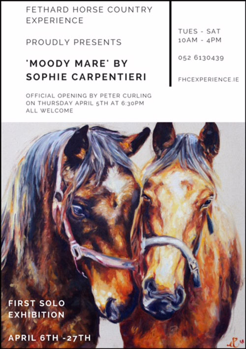 Fethard Horse Country Experience proudly presents 'Moody Mare' exhibition by Sophie Carpentieri, which will run from April 6 to April 27. This is Sophie's first solo exhibition and we are delighted to showcase her work here in her adopted hometown of Fethard. As she said herself, “The sound of galloping horses dictates the rhythm of life in Fethard as well as the lines on the canvas.”

World-renowned painter, Peter Curling, Cashel Fine Art, will officially launch the exhibition on this Thursday, April 5, at 6.30pm and all are welcome. 
