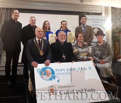 John Paul II Awards recipients Laura Kiely and Samantha Buckley pictured with Fr Vincent Stapelton, Fr Liam Everard, Mr Pat Coffey, Mr Gerald Harbinson, Archbishop Kieran O'Reilly, Ms Elma Walsh and Ms Marie Maher.
