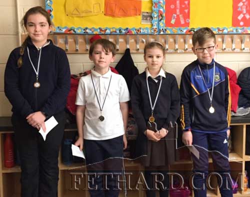 Competitors from Killusty National School that won medals at the Community Games Handwriting Finals. L to R: Emily Holohan (bronze ), Aaron Feery (gold), Zoe Thompson (gold) and Joe Purcell (gold). 