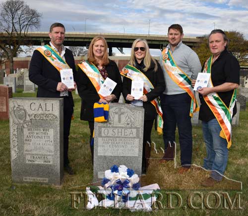Owen Cummins (left) photographed with relatives of Edmond O'Shea, Colette Cannataro and Ann O'Sullivan, after the wreath laying ceremony in New York. Also included are Pa Ryan (Kilfinnan), President Tipperary Hurling Club of New York; and Noel Blanchfield (right), President of the County Tipperary National & Benevolent Association of New York.