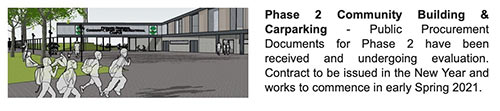 Phase 2 Community Building & Carparking - Public Procurement Documents for Phase 2 have been received and undergoing evaluation. Contract to be issued in the New Year and works to commence in early Spring 2021. 