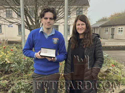 Ms. Majella Whelan (English teacher) and Cian Lawrence (6th year) winner of the 2021 Fethard Quill Senior Writers Award.