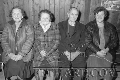 Photographed at the reception in Moyglass Hall after laying of the foundation stone for new Moyglass Church on March 22, 1989, are L to R: Chrissie Healy, Mai Boland, Jimmy Boland and Mary Graham.