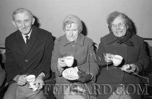 Photographed at the reception in Moyglass Hall after laying of the foundation stone for new Moyglass Church on March 22, 1989, are L to R: Willie O’Dywer, Mrs Grant and ?