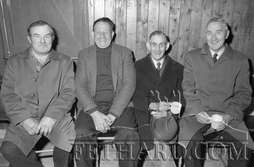 Photographed at the reception in Moyglass Hall after laying of the foundation stone for new Moyglass Church on March 22, 1989, are L to R: Paddy Browne, Jimmy Hunt, Paddy Hunt and Jack Guinan. 