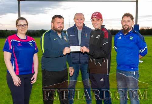 Fethard Rugby Club members handing a cheque over to Ken Imbusch (Munster Rugby) in support of 'Bumblebee Ambulance' - a Munster Rugby Charity. The proceeds for the Children's Ambulance Service were raised at the club's recent 10K Slievenamon Hike covering historic sites, that took place on September 4, 2021. Well done to all concerned. L to R: Louise O'Donnell, Michael Lawrence, Ken Imbusch, Munster Rugby, Paul Kavanagh and Kevin Hayes. 