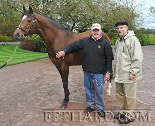 Galileo photographed in Coolmore on April 26, 2008, with Dave Cummings (left), President of the Saratoga Chapter USA, and his friend Mike Cahill, while on a visit to explore a sister-city partnership between Fethard and Saratoga, noting the many parallels between the two communities, including the importance for both of horses, history and youth development.
