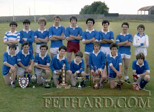 Tommy Sheehan supplied us with the following information. Photograph is the Fethard Under-14 football team that won the South Final; and both the County Rural and Urban Rural titles in 1981. Back L to R: Gerry Murphy, Colm Kehoe, Willie O'Meara, Brian Burke, Michael O'Riordan, Chris Coen, Roger Mehta, Diarmuid Hackett, David Kane. Front L to R: Kevin Burke, Liam Ryan, Gerry Horan, Colm Hackett, Willie Morrissey, Paul Mullins, Adrian Pollard and John O'Connor.  Tommy also believes that Fethard beat Clonoulty in both finals. Clonoulty later objected to John O’Connor after the first final and thinks that he played on the team for the second final (without John), and they beat them by more. This was a seriously good team and seven or eight went on to win county senior football medals with Fethard.

