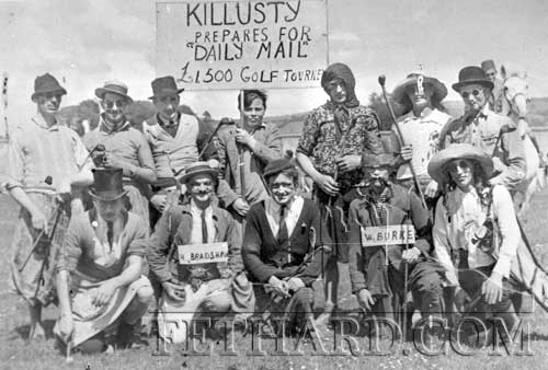 'Killusty prepares for Daily Mail £1,500 Golf Tournament' Festival Carnival Fancy Dress entry c.1950s. Included are William O'Brien (H. Bradshaw in photo), John Lee, Jim Lee, Patsy Ryan (Loughcopple), Joe Darcy and Joe Lee.
