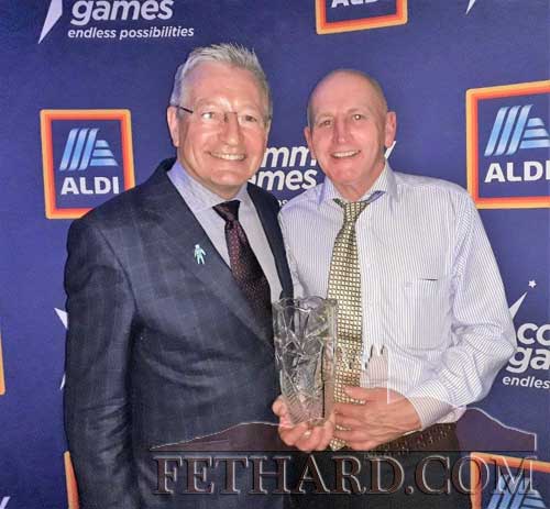 Micheál Maher, elected to the Community Games National Activities Committee, is photographed above on right, accepting his Adult Volunteer Award from RTE's Tony O'Donoghue at the National Awards Ceremonies in Mount Wolseley Hotel, Carlow, prior to lockdown.