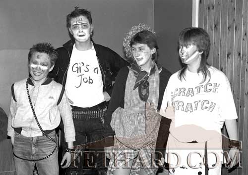 Fethard Foróige Fun Fashion Show in the Tirry Centre Fethard May 1985 L to R: Eugene Walsh, Thomas Croke, Michelle Fogarty and Rhona McManus.