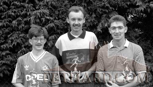 Keane’s Pub Team, Killusty, who came third in the publican’s team event at the Killusty 5 Mile road race held in September 1991. L. to R: Peter McEvoy, Billy Prout and Michael Halpin.