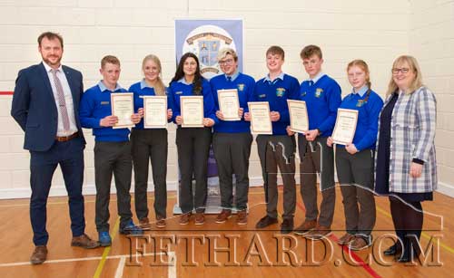 Fifth Year Mentors for the coming year photographed after receiving their Certificates and badges L to R: Principal Mr Billy Walsh, Jason Thompson, Grainne Murray, Ciara O’Meara, Jamie Kavanagh, Michael Flanagan, Tom Murray, Kelly Ryan and Deputy Principal Ms Catriona McKeogh.