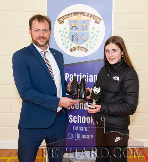 Mary Ann Fitzgerald receiving both the Aideen O’Donnell Award for Spoken Irish, and the Paddy Broderick Award for Best J.C. (Geography) Druid Award from Principal Mr Billy Walsh.