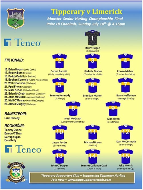 The Tipp Team to play Limerick in the Munster Senior Hurling Final in Pairc Ui Chaoimh on Sunday July 18th 2021, at 4.15pm has been selected as follows: 