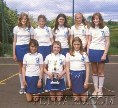 Volleyball team 1974 Back L to R: Anna Costigan, Suzanna Maher, Mary Ahearne, Catriona Fallon, Cathriona Ward. Front L to R: Mary Morrissey, Ann O'Riordan and Majella Morrissey.