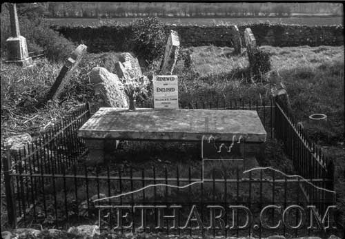 This photograph taken at Magorban Graveyard, reads on sign (beside vase of flowers), "Renewed and Enclosed by William & E. Toppin, Fethard 1952". Looking at the 'Magorban Graveyard Inscriptions' published online by Tipperary Studies at the following THIS LINK , we found the following reference for No 38, which appears to refer to the same grave in our photograph.

The inscription reads: "________ and enclosed by W and B Toppin, Fethard 1962. Sacred to the memory of Mr. Philip Toppin, late of Buffana departed this changeful life the 13 of June 1924 aged 62 years. Erected by his widow Mrs. Sarah Toppin. Also to the memory of Sarah Toppin who departed this life the 15 of February 1956 aged 73 years. Also their son Nicholas Toppin of Tullamaine who died 12th April 1902 aged 82 years. His wife Anne died 18th March 1917 aged 81 years/ Also their three children all of whom died at Tullamaine, Jane in 1916, Philip in 1934, John in 1950." 