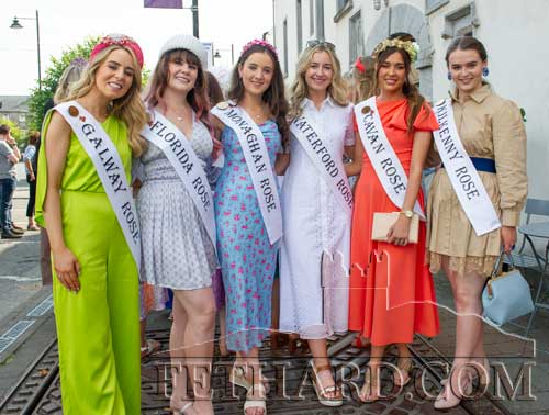 Photographed on their arrival to visit Fethard are L to R: Galway Rose, Clare Ann Irwin; Florida Rose, Rose Waldeck; Monaghan Rose, Rachel Woods; Waterford Rose, Helen Geary; Cavan Rose, Tara Rogers; and Kilkenny Rose, Molly Coogan.
