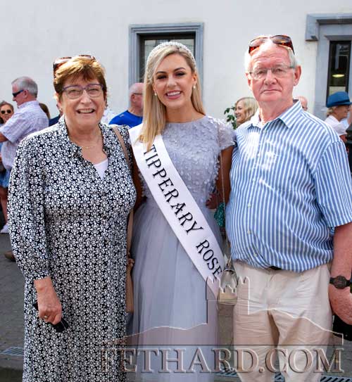 Tipperary Rose, Aisling O'Donovan, photographed with Anne and Eamon Dwyer, Ballygambon, Lisronagh, in Fethard on Sunday morning last. Anne is a sister of well-known Irish actor, comedian, writer and entertainer, Pat Shortt. Eamon is a former principal of St. Patrick's Boys National School in Fethard.