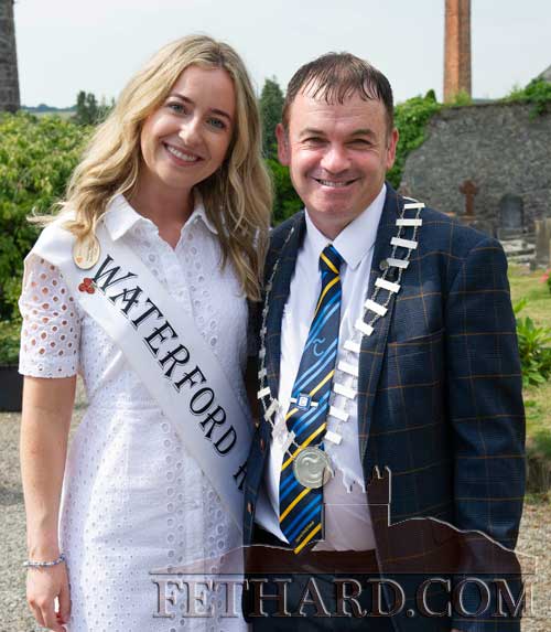 Cllr David Dunne, Cathaoirleach Carrick-on-Suir Municipal District, photographed with Waterford Rose, Helen Geary, when the Roses visited Fethard on Sunday morning last.