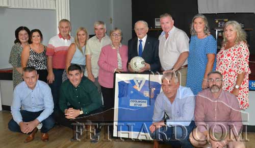 Jimmy O'Shea photographed with extended family members after been presented with a football signed by all Fethard GAA players present and a framed Fethard Jersey worn by Brian Burke in 1997.