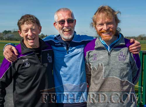 Photographed at the County Novice Races held at Fethard Town Park on Sunday, April 3, are L to R: Willie O'Donoghue (Mooreabbey AC Galbally), Eugene O'Keeffe (Carrick-on-Suir) and Damien Holian (Mooreabbey AC Galbally).