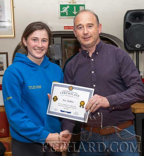 Lucy Spillane, accepting her Sports Achievement Award Nomination Certificate for July, from this month's sponsor, Des O'Meara, Physiotherapy & Sports Injury Clinic, Tullamaine, Fethard. Lucy scored a very impressive five goals and seven points from play in the County U21 Camogie Shield final against Boherlahan/Dualla.