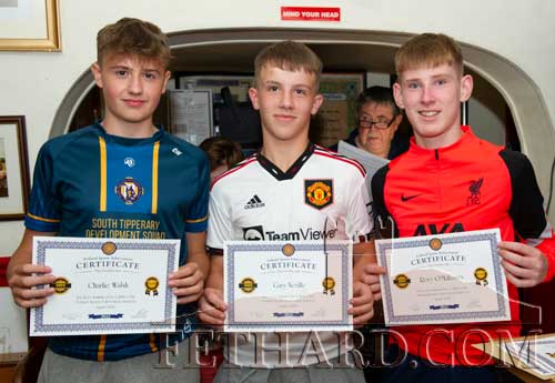 L to R: Charlie Walsh, Gary Neville, and Rory O’Mahoney, receiving their nomination certificates as U15 Fethard footballers who were part of a Tipperary team that won the Humphrey Kelleher Shield by beating Fermanagh in the final.