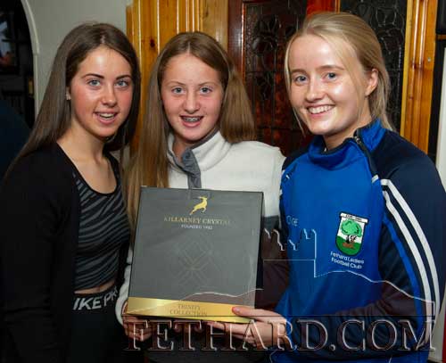 The winner of the Butlers' Bar Fethard Sports Achievement Award for August was the Fethard Ladies 7-A-Side Gaelic Football Team, who were represented by players L to R: Emaleigh Cuddihy, Meah Cuddihy and Kate Davie, 