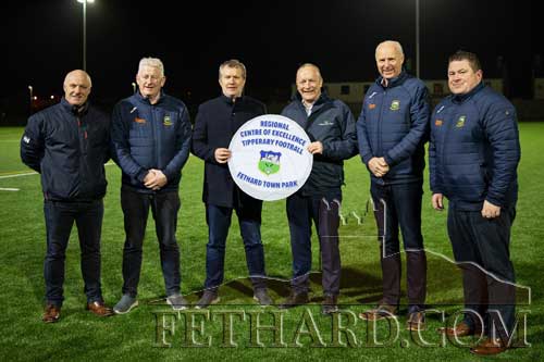 Photographed at the launch of Fethard Town Park as a Regional Centre of Excellence for Tipperary Football on Monday, February 15, are L to R: Tom Anglim, Fethard GAA; Tim Floyd, Tipperary County Board Secretary; Conor O’Dwyer, Tipperary Football Chairman; Anthony Fitzgerald, Director Fethard Town Park; Joe Kennedy, Chairman Tipperary GAA; and Davy Power, Tipperary Football Manager.