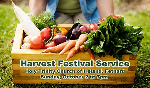 This year's Harvest Festival Service will take place in Holy Trinity Church of Ireland, Fethard,  on Sunday, October 2, at 7pm. We extend a warm welcome to everyone in the community to attend and join in the celebration of the Harvest whilst remembering those who are less fortunate in the world. Fethard Choral Group will attend and there will be refreshments served afterwards.