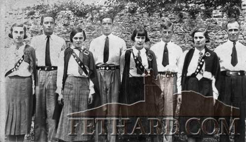 Four hand reel dancers photographed in 1936. L to R: Helen O'Connell, Tim (Tat) Walsh, Mamie Mackie, Tom Walsh, Nora White, Tim Kevin, Phyllis O'Connell and Johnny Murphy. 