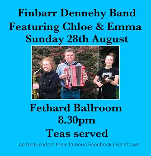 Fethard Ballroom continues its social dancing on Sunday, August 28, to the music of ‘Finbarr Dennehy Band', featuring Chloe & Emma. All are welcome to come along and enjoy a great night’s entertainment and social dancing from 8.30pm to 11.30pm. Admission is €10, which includes tea and cakes. For further information or for booking the Ballroom, contact Eileen Coady, Tel: 086 0776420.