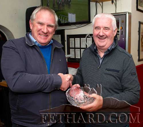 Paul Guinan (right), representing this month's award sponsor, Cox's Cash & Carry, Thurles, is photographed above presenting a special award on behalf of the Butlers Sports Committee to Maurice Moloney, to mark his involvement in bringing the tremendous sporting facilities at Fethard Town Park Complex to fruition.