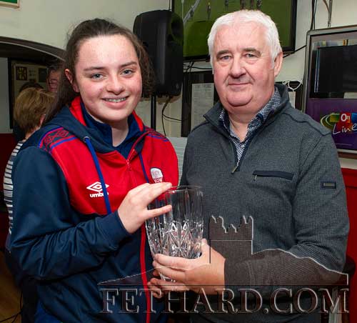 The Butlers Bar Fethard Sports Achievement Award for March was won by Michaela Lawrence – who played a starring role for Irelands U17 Ladies Soccer Team who are attempting to qualify for the European championships. Michaela was presented with her award by Paul Guinan, representing this month's award sponsor, Cox's Cash & Carry, Thurles.