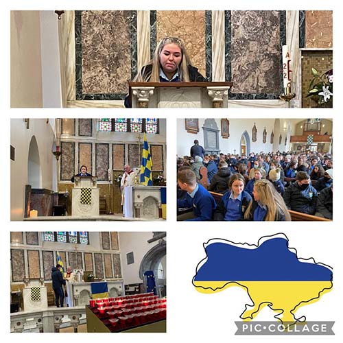 Students Mass for Ukraine
On Wednesday, March 2, Fethard Patrician Presentation Secondary School community participated in a mass at the Augustinian Abbey in solidarity with the people of Ukraine. Our thanks to Fr. Iggy O’Donovan OSA, and to the students who joined in the readings and also played music. We pray for all those affected by conflict and violence throughout the world and but we especially remember all those affected by the current crisis in Ukraine.
