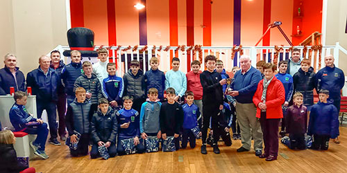 Members Fethard U13 Hurling South Champions photographed after receiving their medals at the Juvenile Club's 'Evening of Celebration' held at Fethard Convent Community Hall. Team captain, Joseph Gaule, was also presented with the South Trophy from Austy and Mary Godfrey – who also happen to be the sponsors of the trophy.