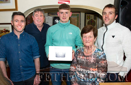 Winner of the overall Sports Achievement Award for 2022, was All-Ireland minor hurling medal winner with Tipperary, Jack Quinlan, Tullamaine, Fethard. Photographed at the award presentation are L to R: Declan Ryan, representing award sponsor Bulmers; Philip Butler, proprietor Butlers Bar; winner Jack Quinlan; Mary Godfrey (Steering Committee), and special guest James Woodlock.