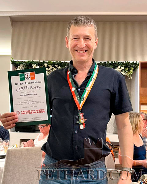 Congratulations to Declan Morrissey who recently cycled the N2 which is the full length of Portugal in aid of 'Cycle against Suicide'. The trip totalled 750km over the 6 days. Declan is photographed above with his medal and certificate presented on completion of the cycle. 
