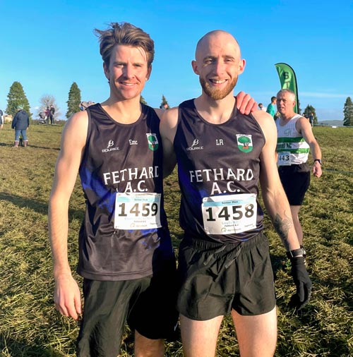 Fethard athletes Barry Hartnett and Louis Rice (right), who helped Tipperary win gold at the Munster Senior Cross Country Championships held at the Turnpike, Two-Mile Borris on Sunday, November 12, 2023.