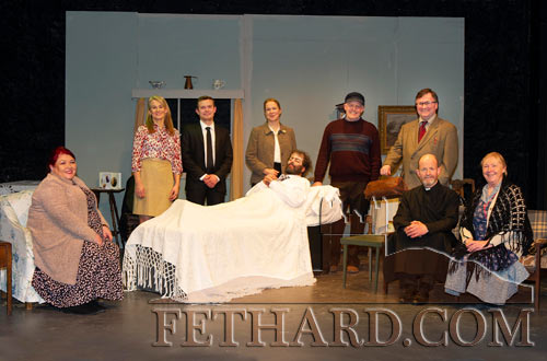 Fethard Players cast photograph after their succesful run of five nights in the Abymill Theatre. Back (standing) L to R: Niamh Hayes, Alan Bourke, Una Kiernan, Liam O'Connor, P.J. Henehan. Front L to R: Mary Boland-Prendergast, Lar Fanning (bed), Com McGrath and Ann Walsh.