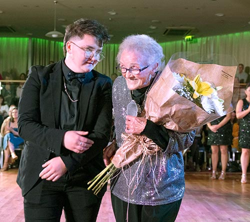 Henry Fitzgerald, who choreographed the show, congratulating celebrity performer ninty-one-year-old, Peg Brett, after her inspirational performance as BeyoncÃ©.