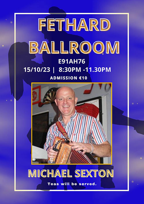 Fethard Ballroom continues its social dancing on Sunday, October 15, to the music of 'Michael Sexton’. All are welcome to come along and enjoy a great night’s entertainment and social dancing from 8.30pm to 11.30pm. Admission is €10, which includes tea and cakes. For further information or for booking the Ballroom, contact Eileen Coady, Tel: 086 0776420. 