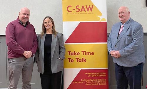 Guest speakers at the Community Awareness Evening held on Tuesday, February 17, at the Convent Community Hall. L to R: John Leahy, Drug Education Officer HSE; local lady Tracey Lawrence, who spoke about her personal journey to recovery; and Joe Leahy, founder C-Saw Suicide Awareness Group.