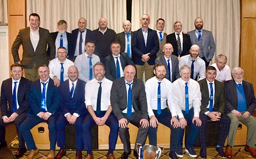 Fethard 2001 Senior Football team that were honoured at the Fethard GAA Club’s Dinner Dance held on Saturday, January 24, 2026, in Hotel Minela, Clonmel. Back L to R: Tommy Sheehan, Noel Byrne (secretary), Brian Burke, Paul Fitzgerald, Miceál Spillane, Tom Mansfield (manager), Michael Ahearne, Pat Sheehan (selector), Kenneth Byrne. Middle L to R: Stephen O’Donnell, John Paul Looby, Damien Byrne, Martin Ryan, Michael Dillon, Michael Fitzgerald. Front L to R: Tommy Gahan, Kenneth O’Donnell, Conor McCarthy, Glen Burke, Tom Anglim, Michael Quinlan, Willie Morrissey, Brian Coen, and Danny Kane (selector).