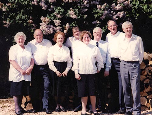 
O'Connell family from Coleman photographed at a past family reunion. L to R: Mary Hopkins, Tommy O'Connell, Josie (O'Connell) Gildea, Joe O'Connell Margaret Croke, Connie O''Connell, Peter O'Connell and James O'Connell. (missing Nora Heffernan, Jackie O'Connell, KIlsheelan; MIchael O'Connell, Paddy O'Connell, Billy O'Connell.)